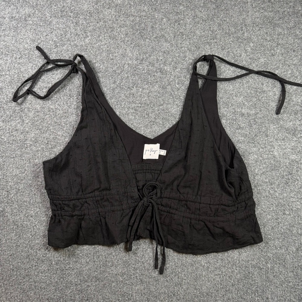 Princess Polly Crop Top Womens 12 Black Swiss Dot Tie Shoulder Smocked V-Neck